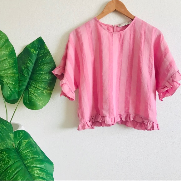 Zara Tops - Zara | Pink striped ruffle crop top